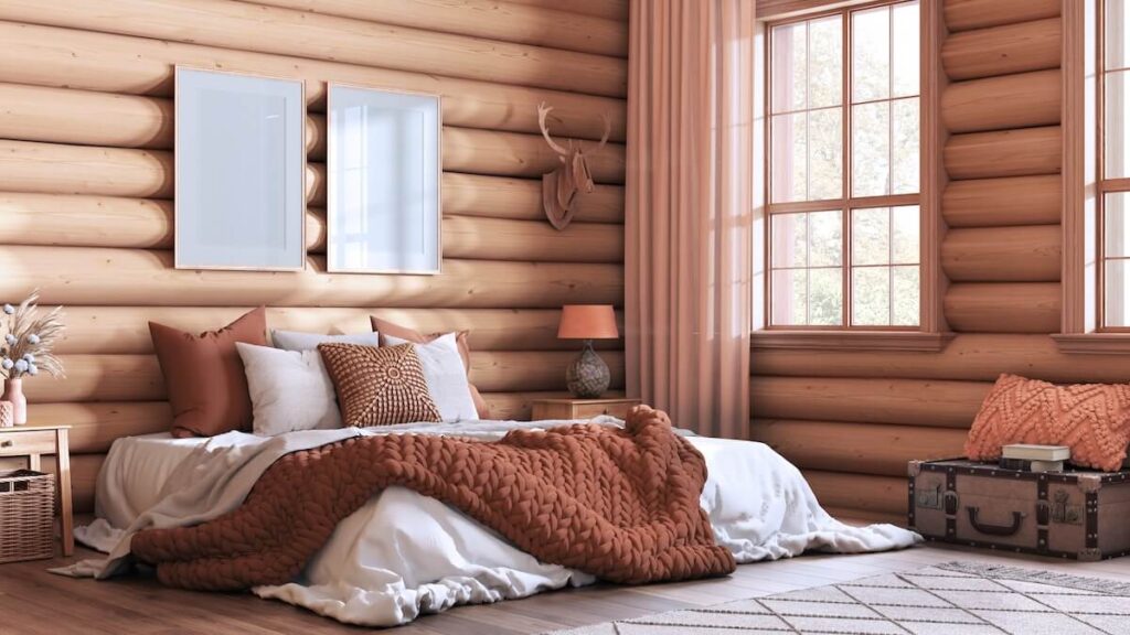 A cozy bedroom with log cabin decor, including a faux deer head, log paneling, and chunky throws and pillows