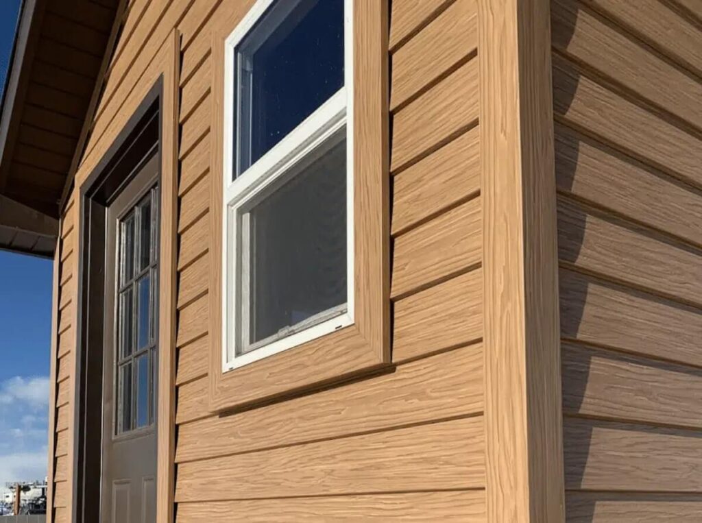 A closeup of TruLog woodgrain steel lap siding, a durable alternative to vinyl siding that looks like wood