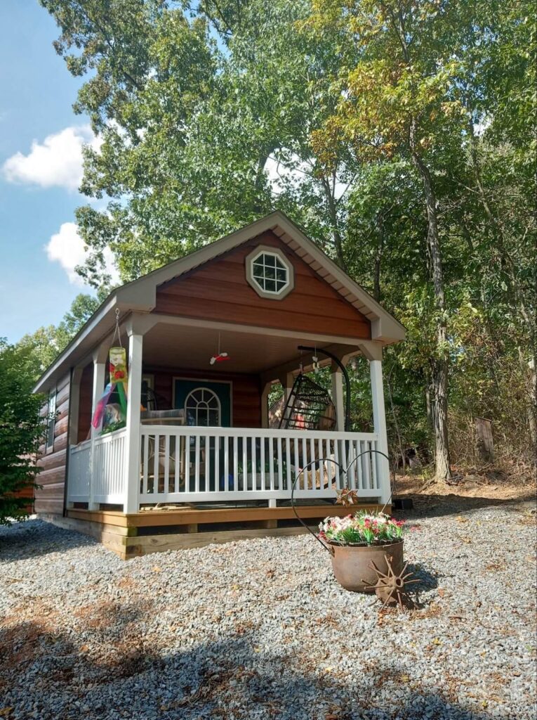 A small cabin in the woods with TruLog steel log siding