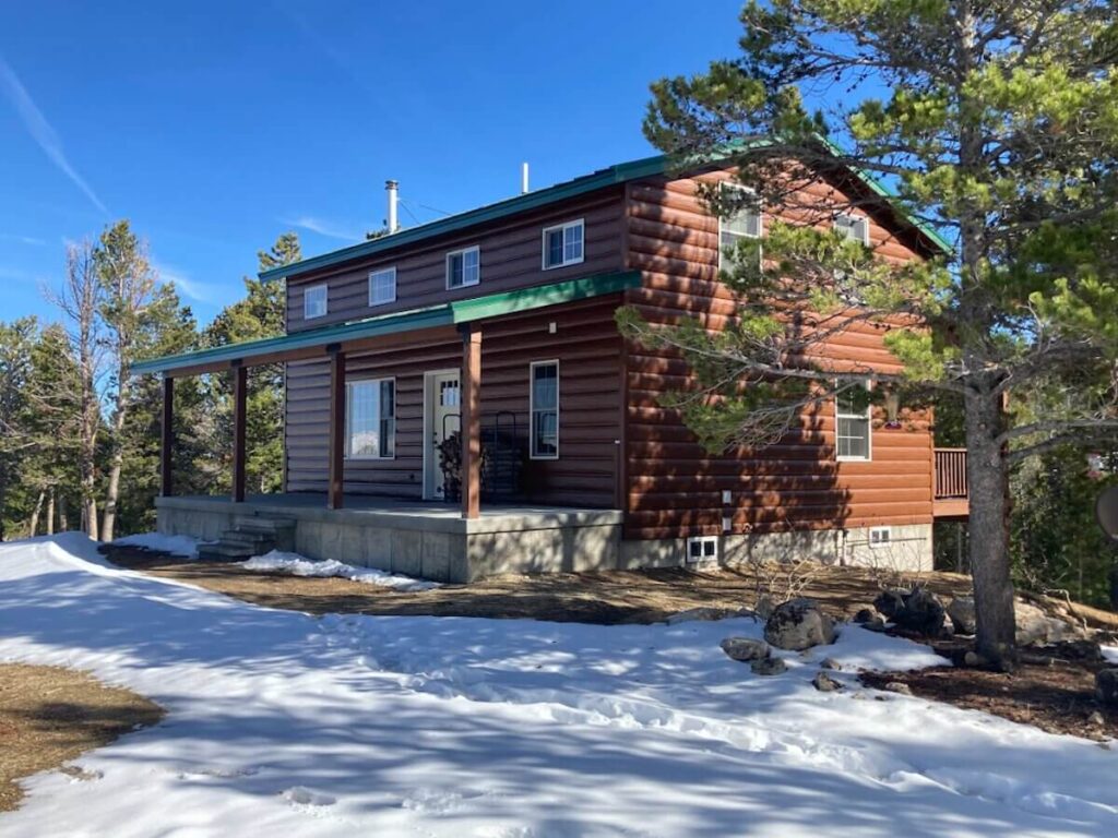 Two-story home with TruLog steel log cabin siding and a green metal roof, surrounded by snow and pine trees.