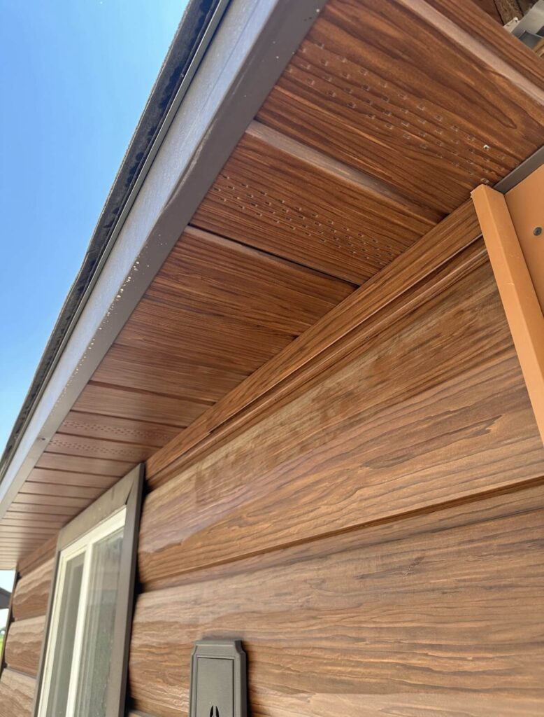 A closeup of a home's TruLog steel soffit and fascia