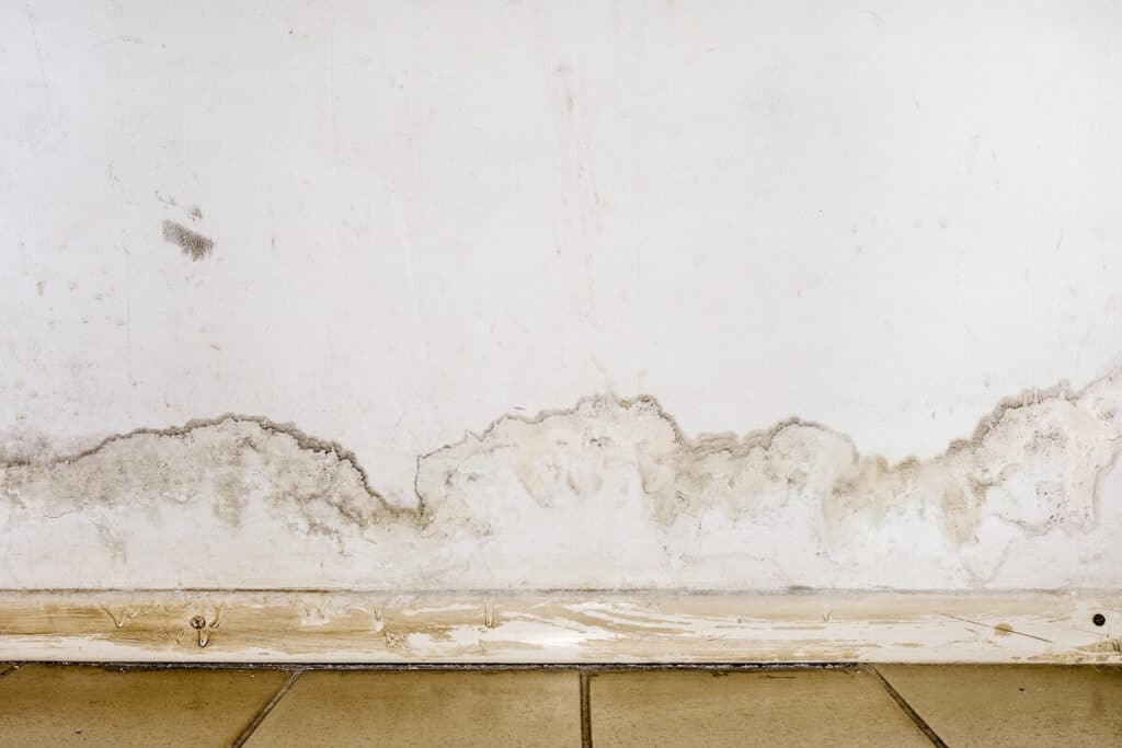 Water damage along an interior wall