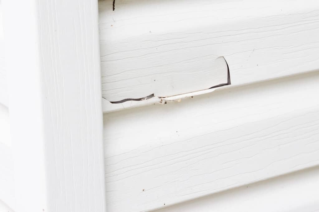 A closeup of cracked vinyl siding, a sign that it might be time for a siding replacement