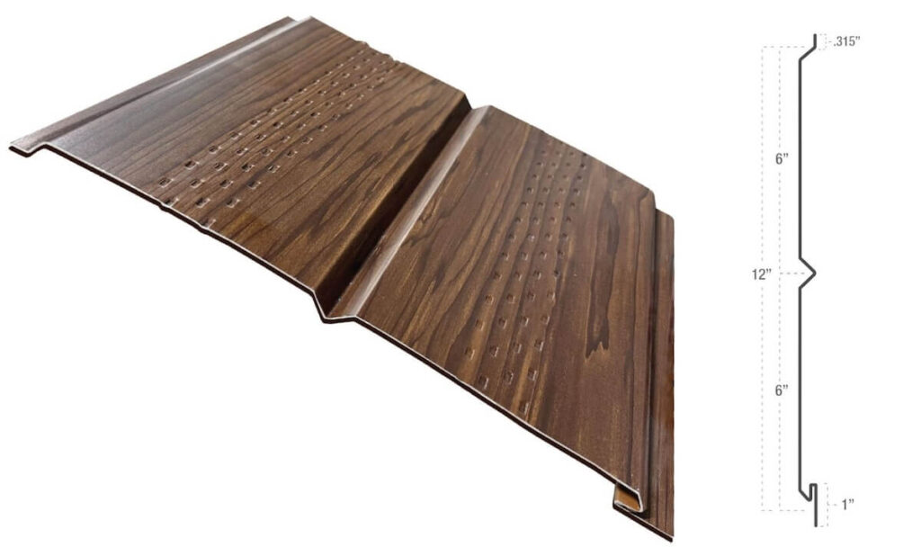 TruLog steel vented soffit panel in a woodgrain finish with labeled dimensions.