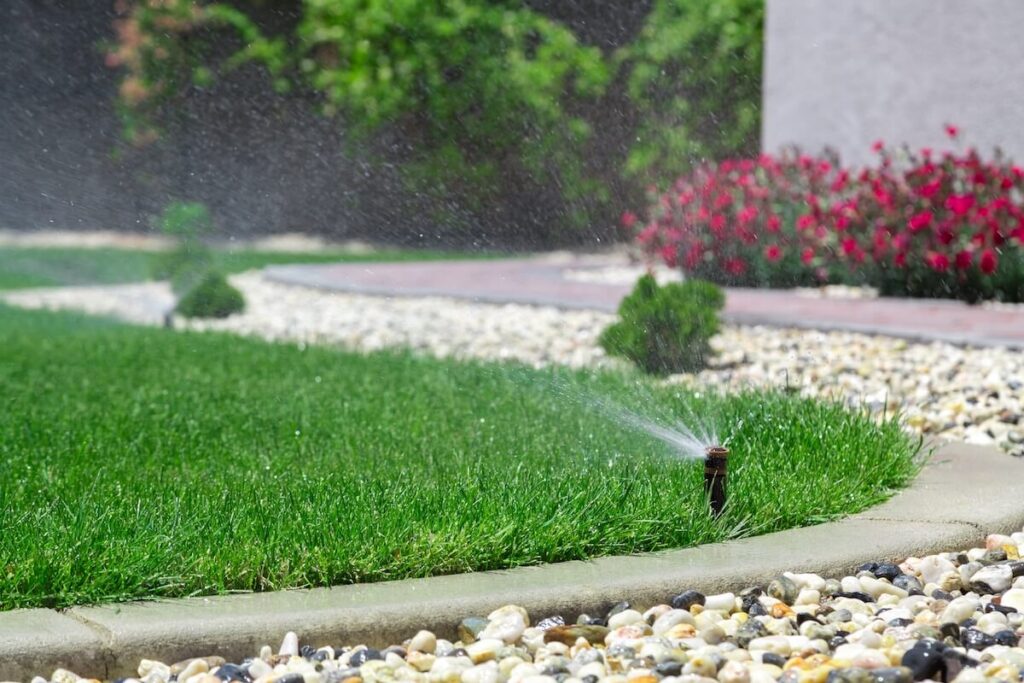 A sprinkler head spraying water on a lawn surrounded by landscaping