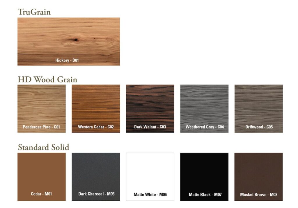 TruLog steel siding color options, including TruGrain Hickory, HD Wood Grain shades in Ponderosa Pine, Western Cedar, Dark Walnut, Weathered Gray, and Driftwood, and Standard Solid colors in Cedar, Dark Charcoal, Matte White, Matte Black, and Musket Brown.