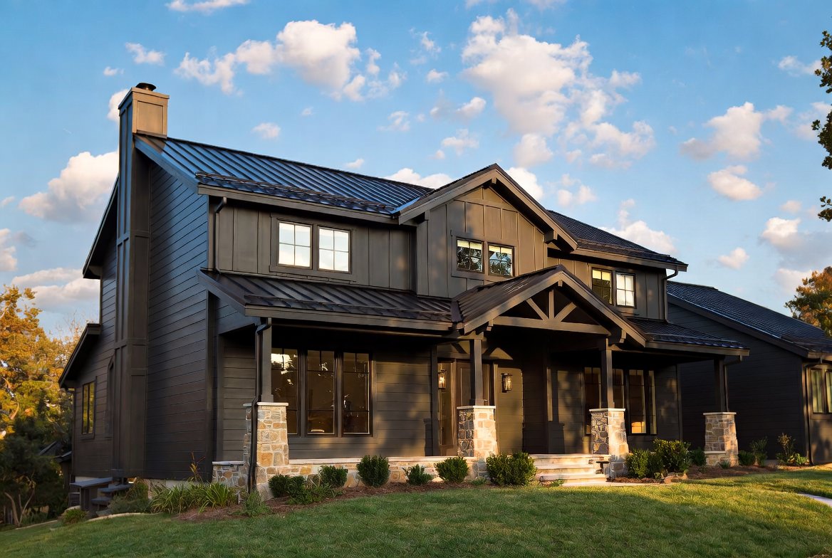 A two-story home clad in dark charcoal TruLog steel board & batten siding with a wide covered front porch